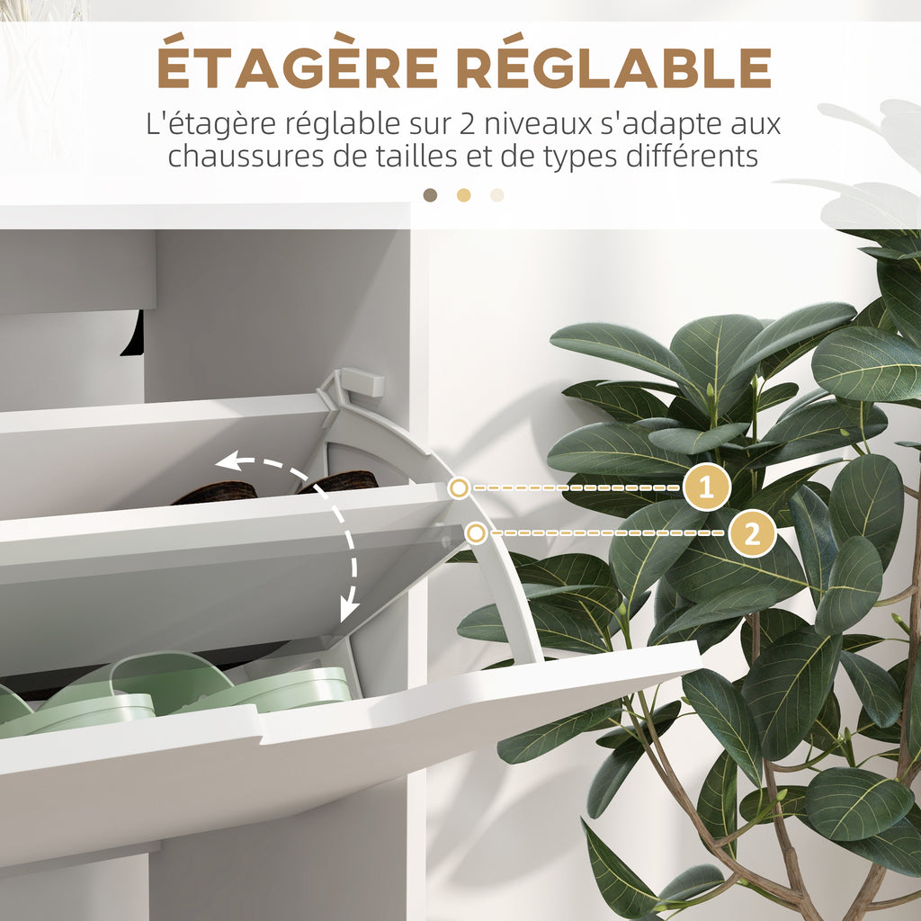 Meuble à chaussures 4 abattants 16 paires avec étagère réglable pieds en bois de pin 95 x 26 x 95 cm blanc