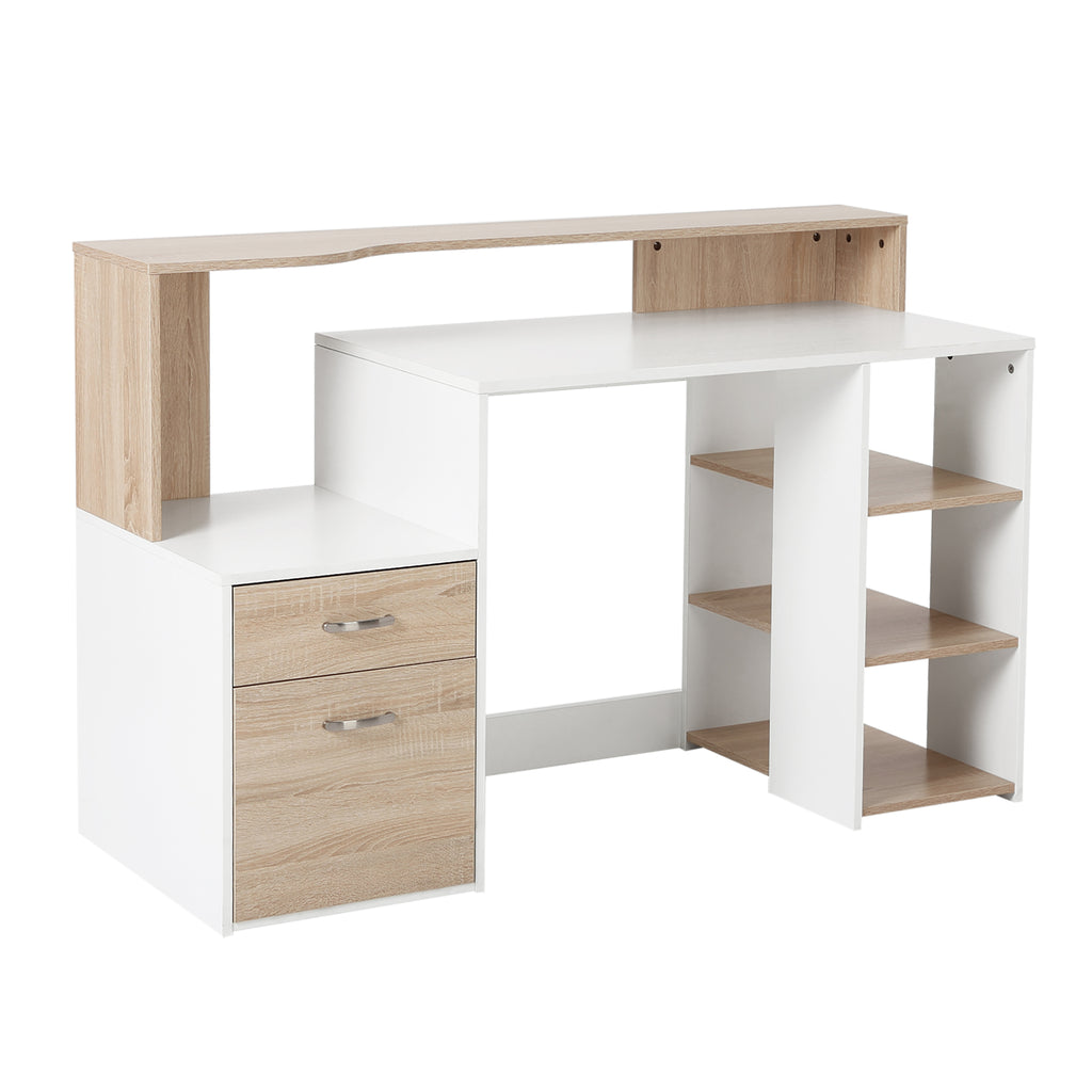 Bureau informatique avec 2 tiroirs, bureau avec rangement, 137 x 55 x 92 cm, étagères ouvertes et tablette