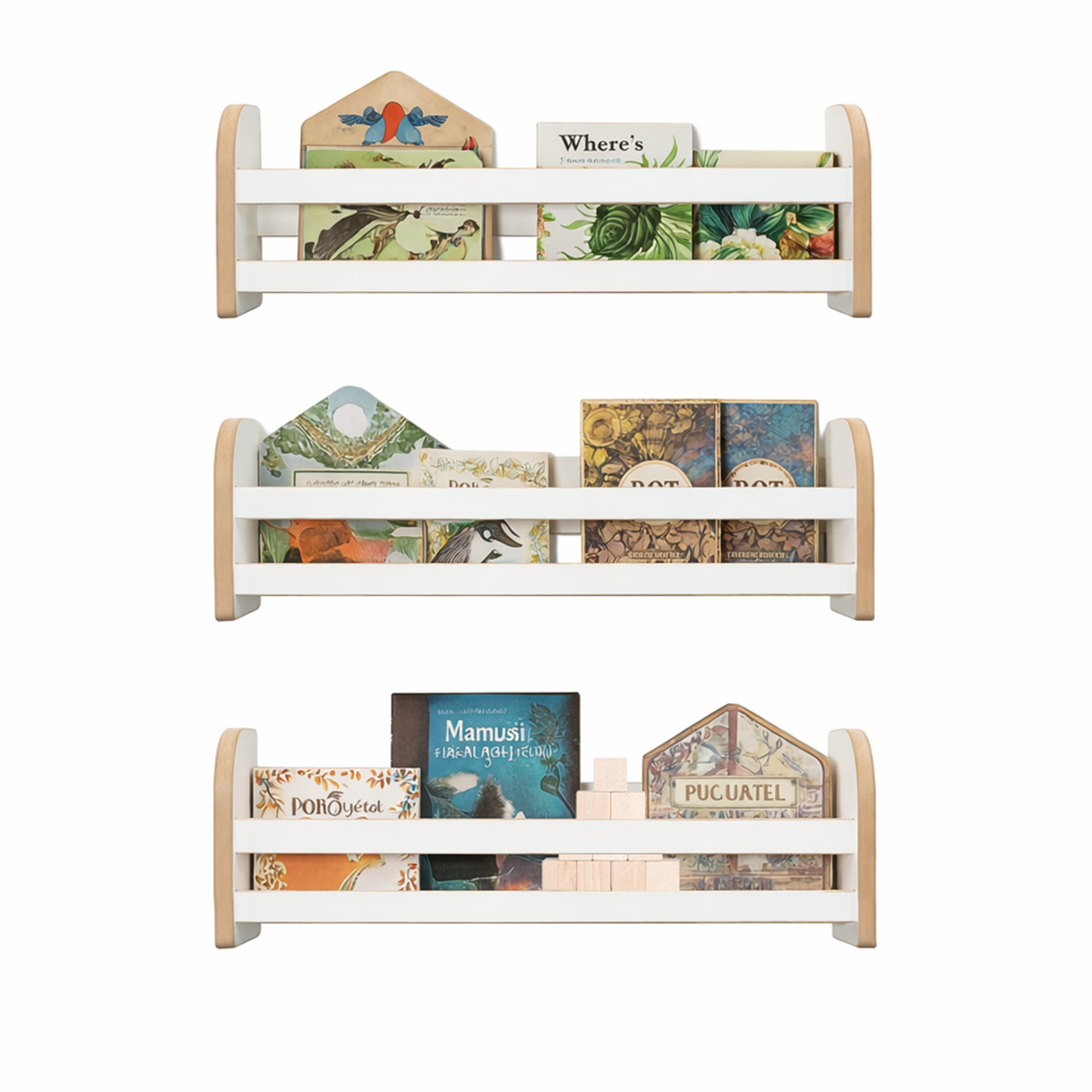 MAMOI® Set di 3 librerie per bambini, scaffali in legno da parete, libreria Montessori, mensole da parete per bambini, organizer per libri e giocattoli, mobili per cameretta