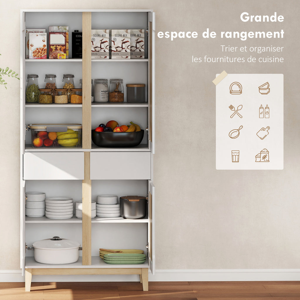 Buffet haut cuisine, armoire de cuisine avec 4 portes, 2 tiroirs et étagères réglables, 80x35x170cm, blanc et chêne