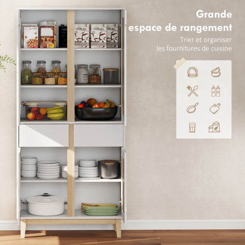 Buffet haut cuisine, armoire de cuisine avec 4 portes, 2 tiroirs et étagères réglables, 80x35x170cm, blanc et chêne