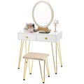 Elegant White Dressing Table Stool Set with LED Oval Mirror