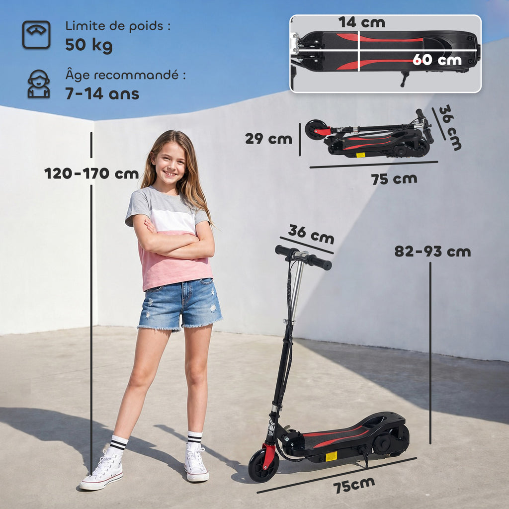 Trottinette électrique pliante pour enfant de 7+ans, 120W Vitesse max 12km/h, 75x36x82-93 cm Noir