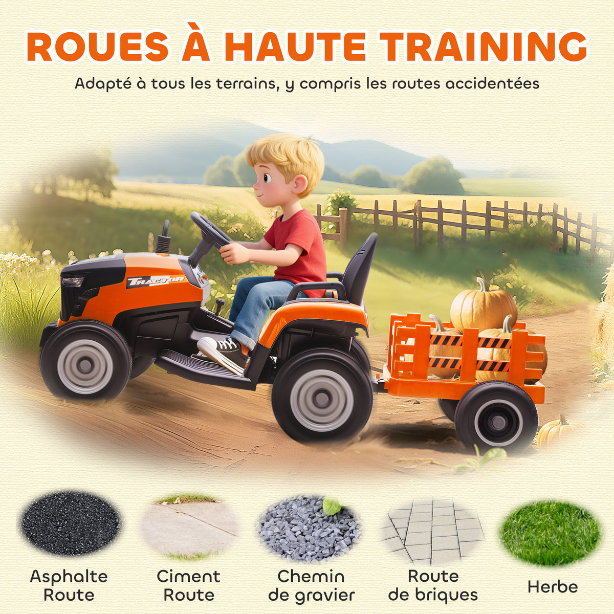 Tracteur électrique enfants avec remorque amovible, voiture électrique enfants, télécommande 2,4G, 139x58x55cm, orange