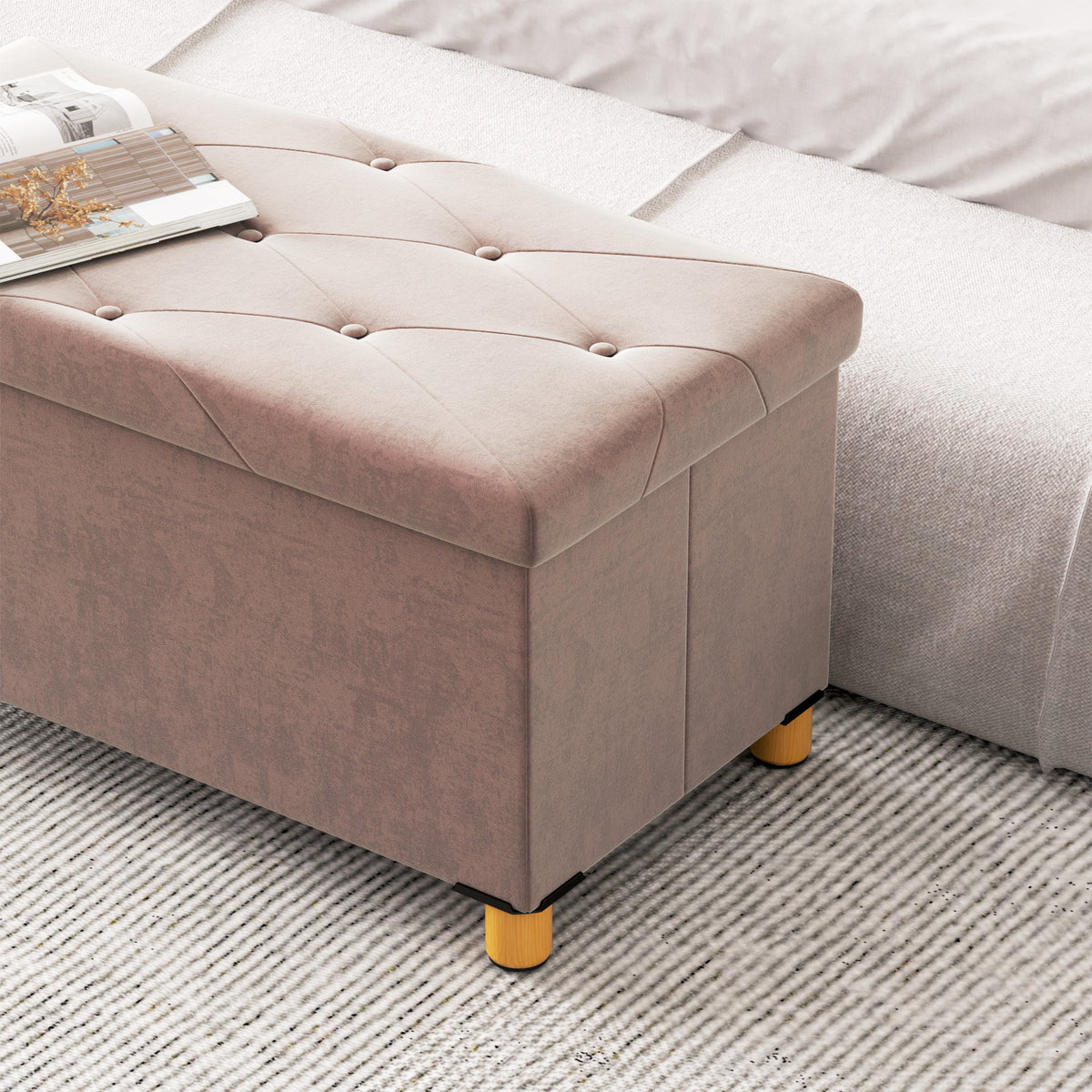 Banc de rangement bout de lit pliable volume 67 L capacité de charge 120 kg avec couvercle 76L x 38l x 38H cm rose