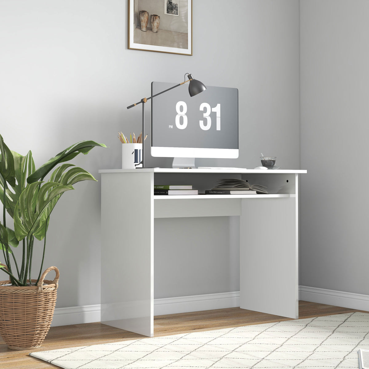 Bureau informatique sobre épuré compact avec 1 étagère, panneaux de particules, dim. 90l x 50P x 74H cm, blanc laqué