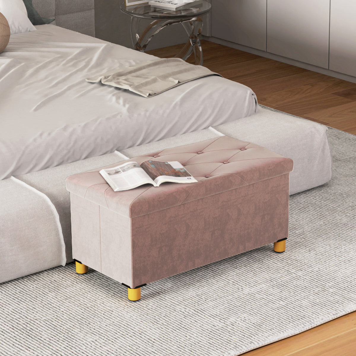 Banc de rangement bout de lit pliable volume 67 L capacité de charge 120 kg avec couvercle 76L x 38l x 38H cm rose