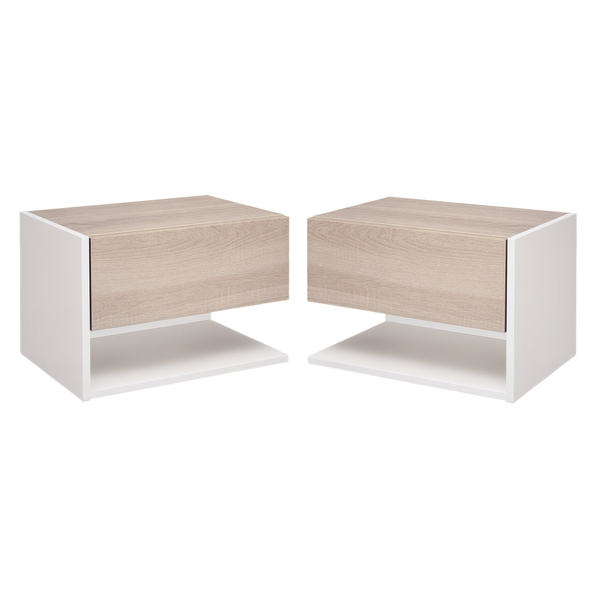 Tables de chevet suspendues Lot de 2 - Tables de Nuit murale - tiroir Coulissant - en Bois Bicolore Aspect chêne clair blanc