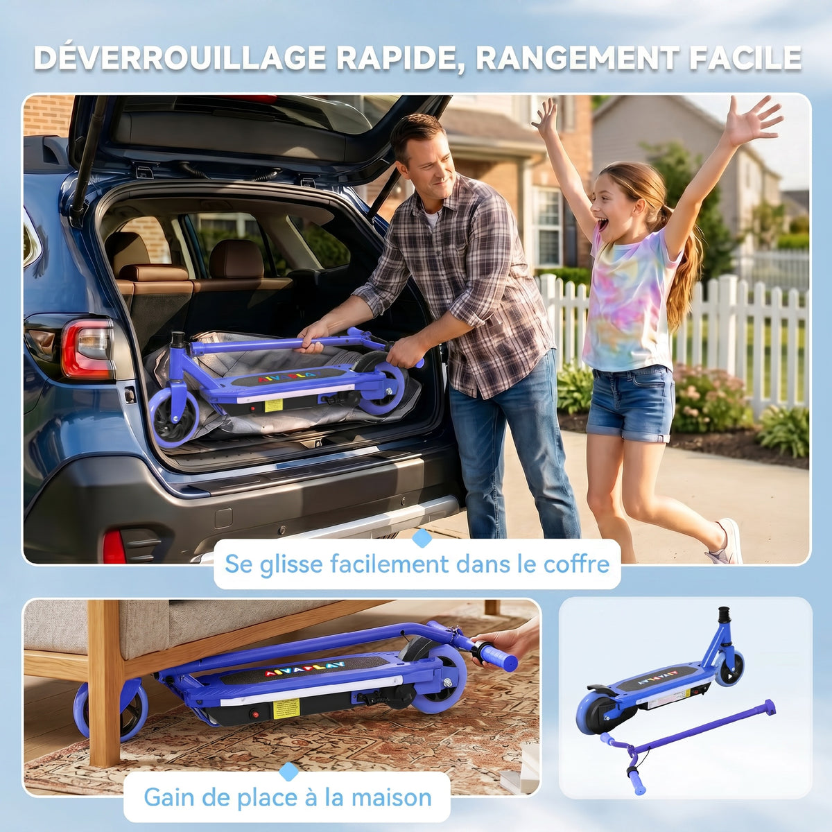 Trottinette électrique pour enfants 6-14 ans, vitesse maximale 10 km/h, lumières LED colorées, frein électrique, bleu