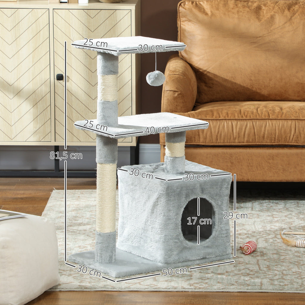 Arbre à chat tour de jeux pour chats poteaux en sisal, 2 plate-forme, niche, balle, tissu peluche, 50x30x81,5cm, gris
