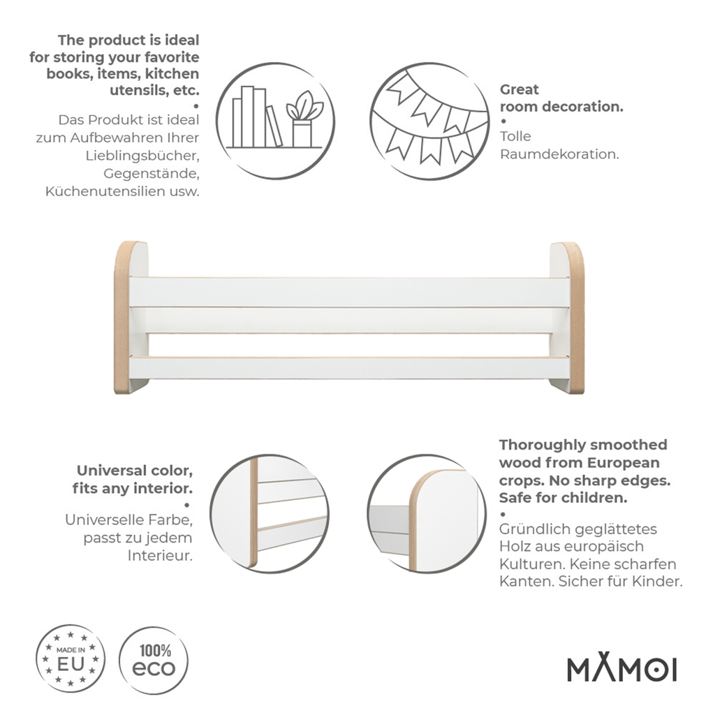 MAMOI® Set di 3 librerie per bambini, scaffali in legno da parete, libreria Montessori, mensole da parete per bambini, organizer per libri e giocattoli, mobili per cameretta