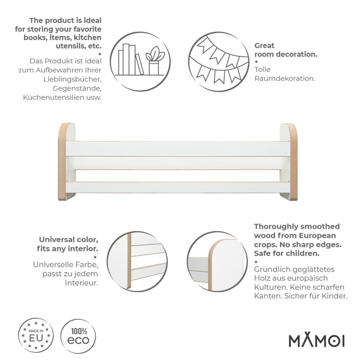 MAMOI® Set di 3 librerie per bambini, scaffali in legno da parete, libreria Montessori, mensole da parete per bambini, organizer per libri e giocattoli, mobili per cameretta