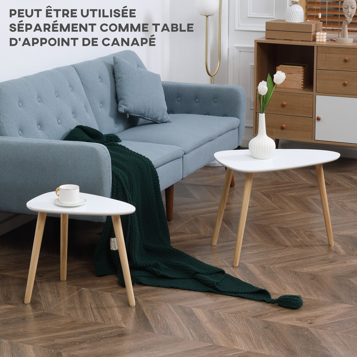 Lot de 2 tables basses gigognes design scandinave pieds en bois et plateau en bois, blanc