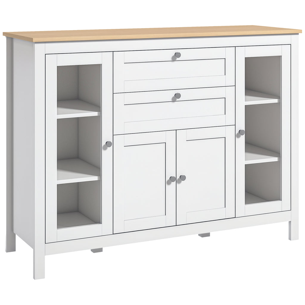 Buffet salon, meuble de rangement avec 1 placard double porte, 2 placards à porte vitrée, 2 tiroirs et étagère réglable, style moderne, buffet salle à manger et cuisine, 120x40x90cm, blanc