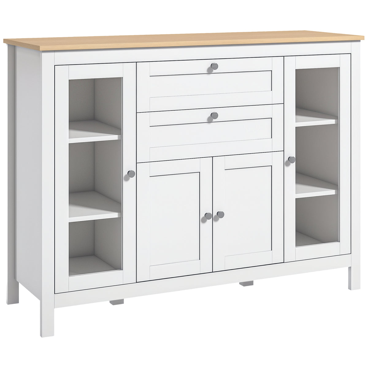 Buffet salon, meuble de rangement avec 1 placard double porte, 2 placards à porte vitrée, 2 tiroirs et étagère réglable, style moderne, buffet salle à manger et cuisine, 120x40x90cm, blanc