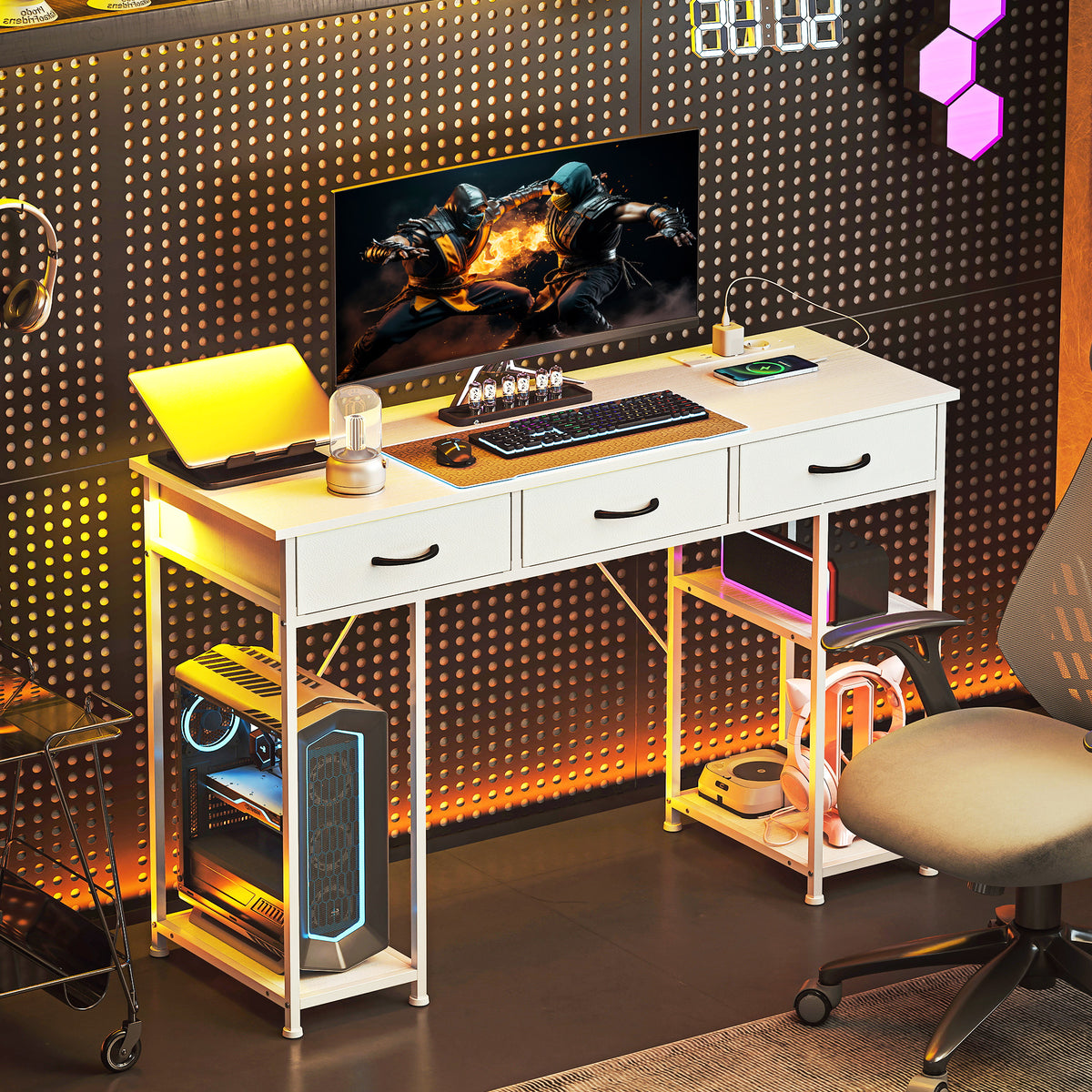 Bureau avec rangement avec prises de courant, 3 tiroirs en tissu et 4 étagères de rangement, 120 x 40 x 76 cm, blanc