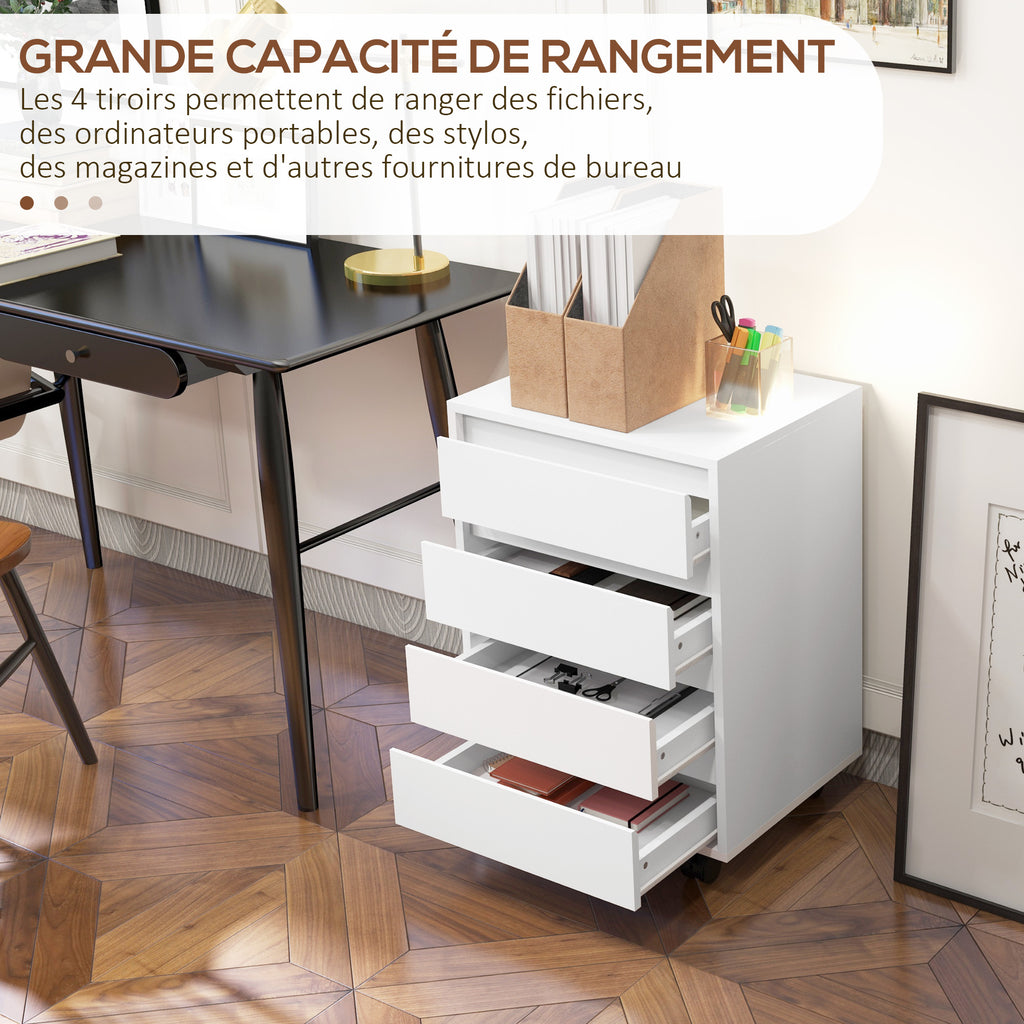 Caisson de bureau rangement bureau sur roulettes 4 tiroirs coulissants en bois aspect bois blanc