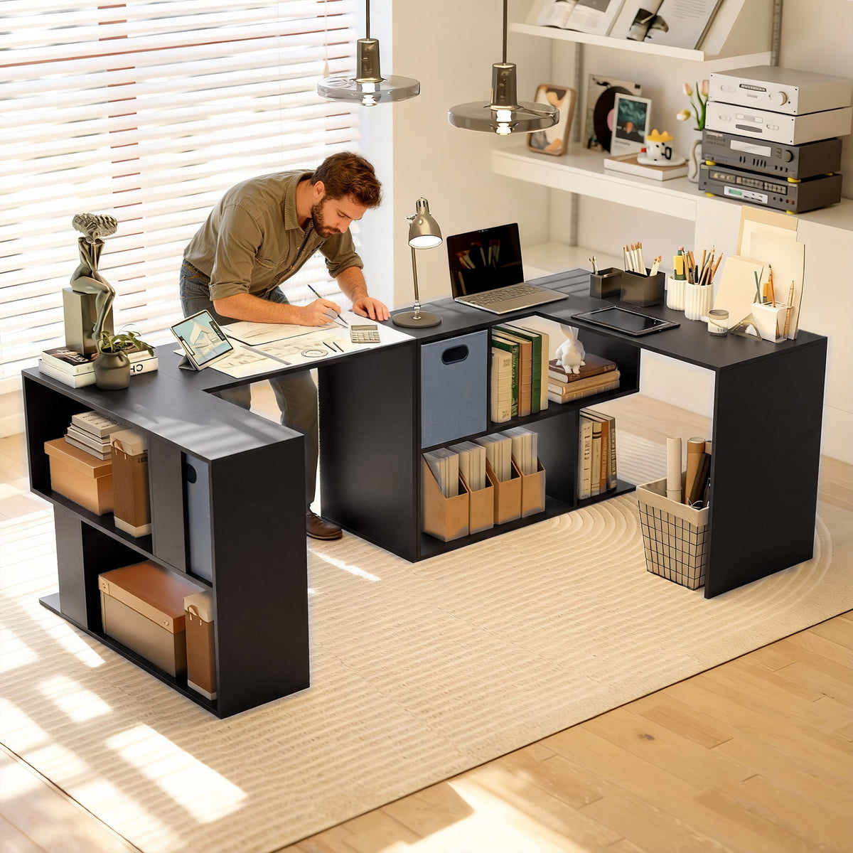 Bureau d'angle, bureau d'ordinateur avec tiroir en tissu et compartiments ouverts, 110 x 100 x 75 cm, noir