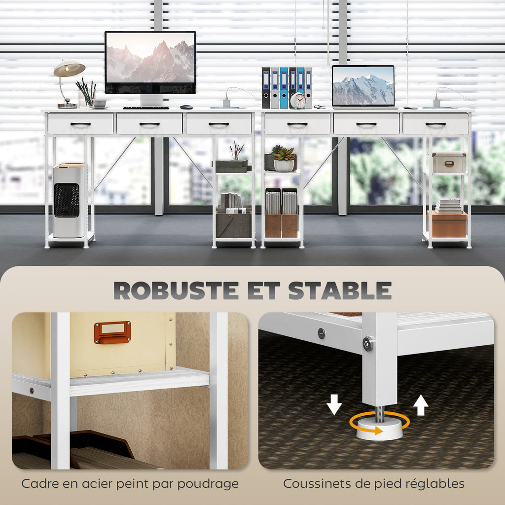 Bureau avec rangement avec prises de courant, 3 tiroirs en tissu et 4 étagères de rangement, 120 x 40 x 76 cm, blanc