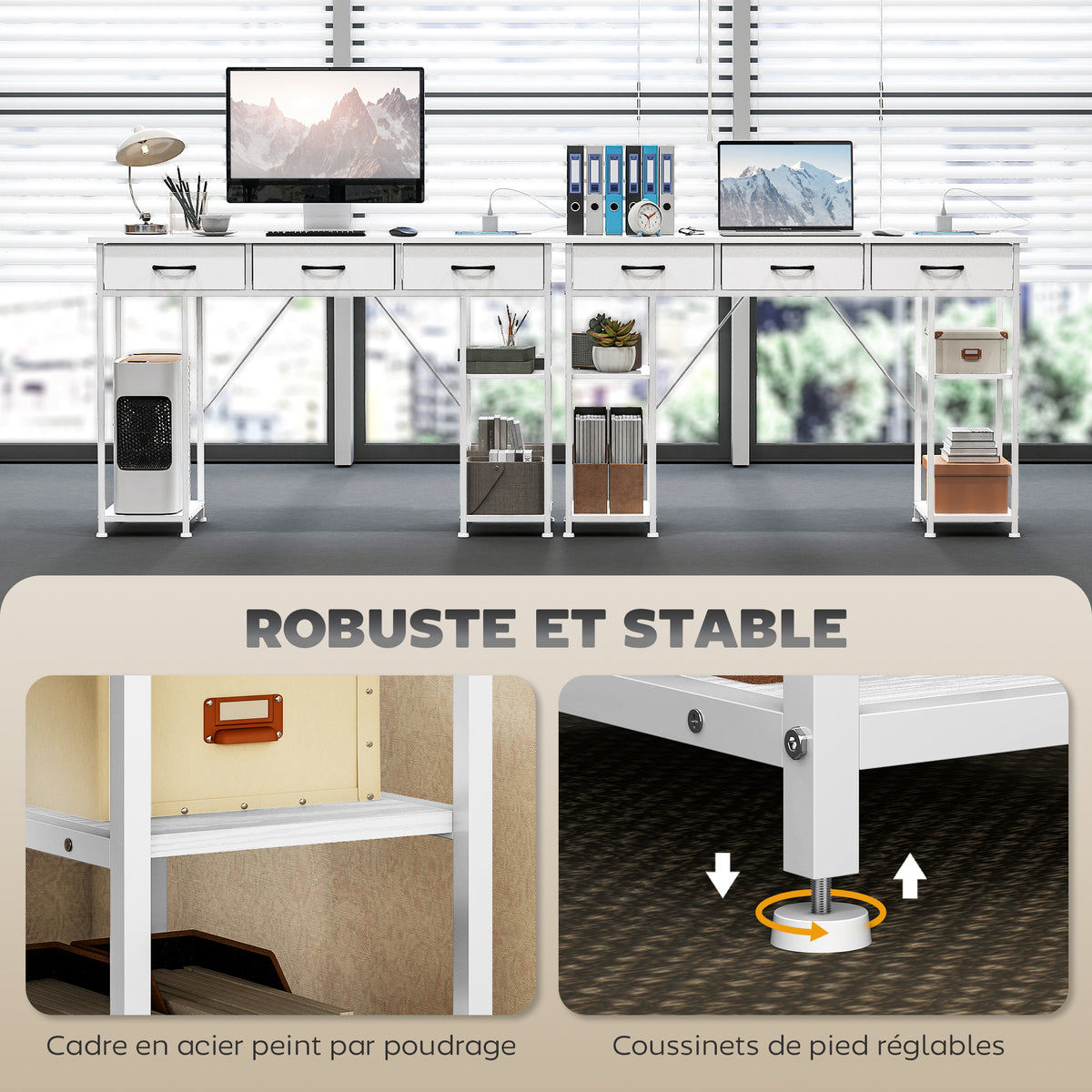 Bureau avec rangement avec prises de courant, 3 tiroirs en tissu et 4 étagères de rangement, 120 x 40 x 76 cm, blanc