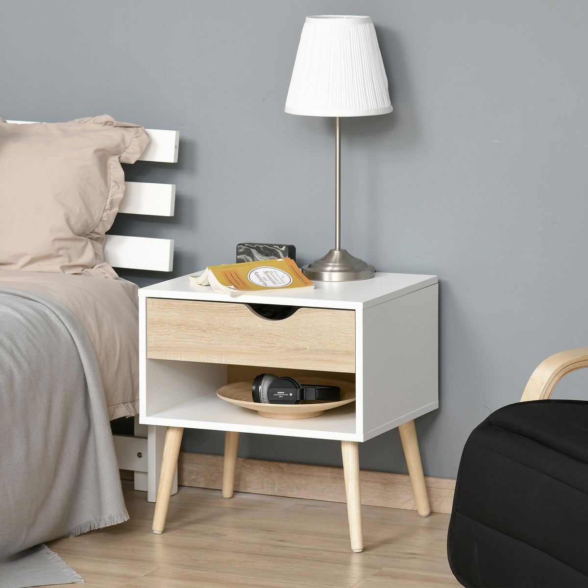 Table de chevet, table de nuit, avec tiroir, design moderne, pieds en bois massif, 50 x 39 x 51 cm, blanc et bois naturel