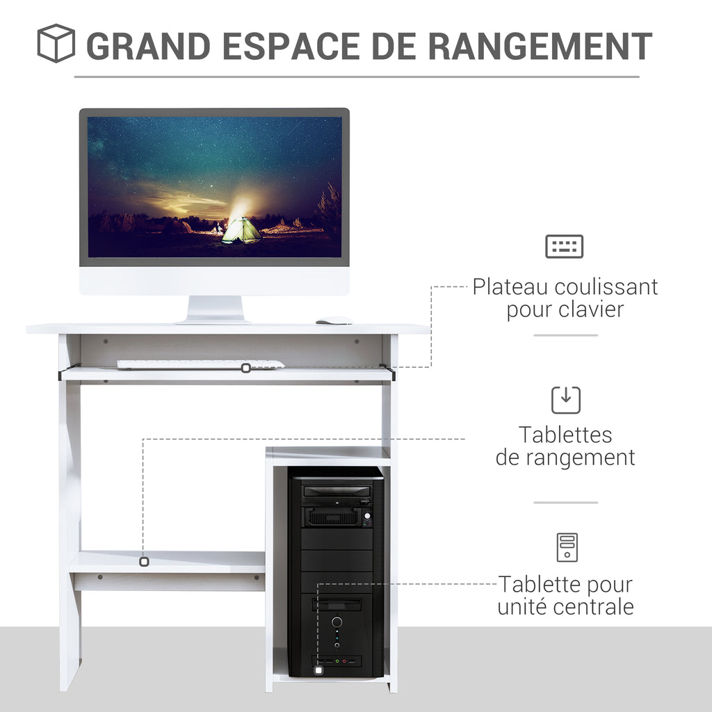 Bureau d'ordinateur, bureau avec rangement, plateau pour clavier et support de moniteur, 80 x 45 x 75 cm, blanc