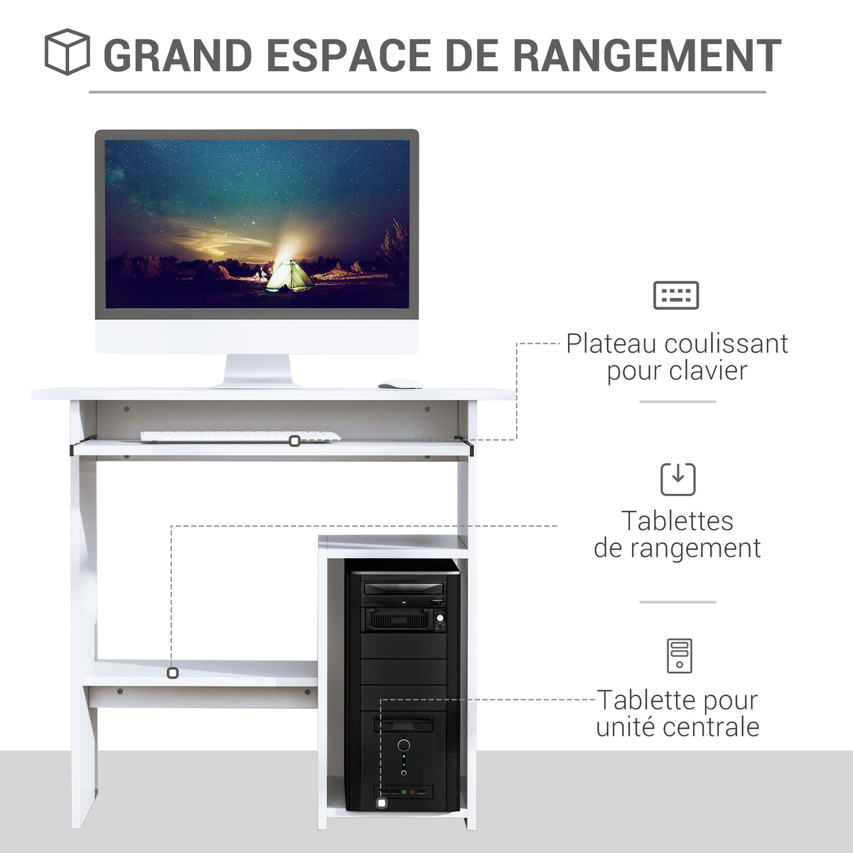 Bureau d'ordinateur, bureau avec rangement, plateau pour clavier et support de moniteur, 80 x 45 x 75 cm, blanc