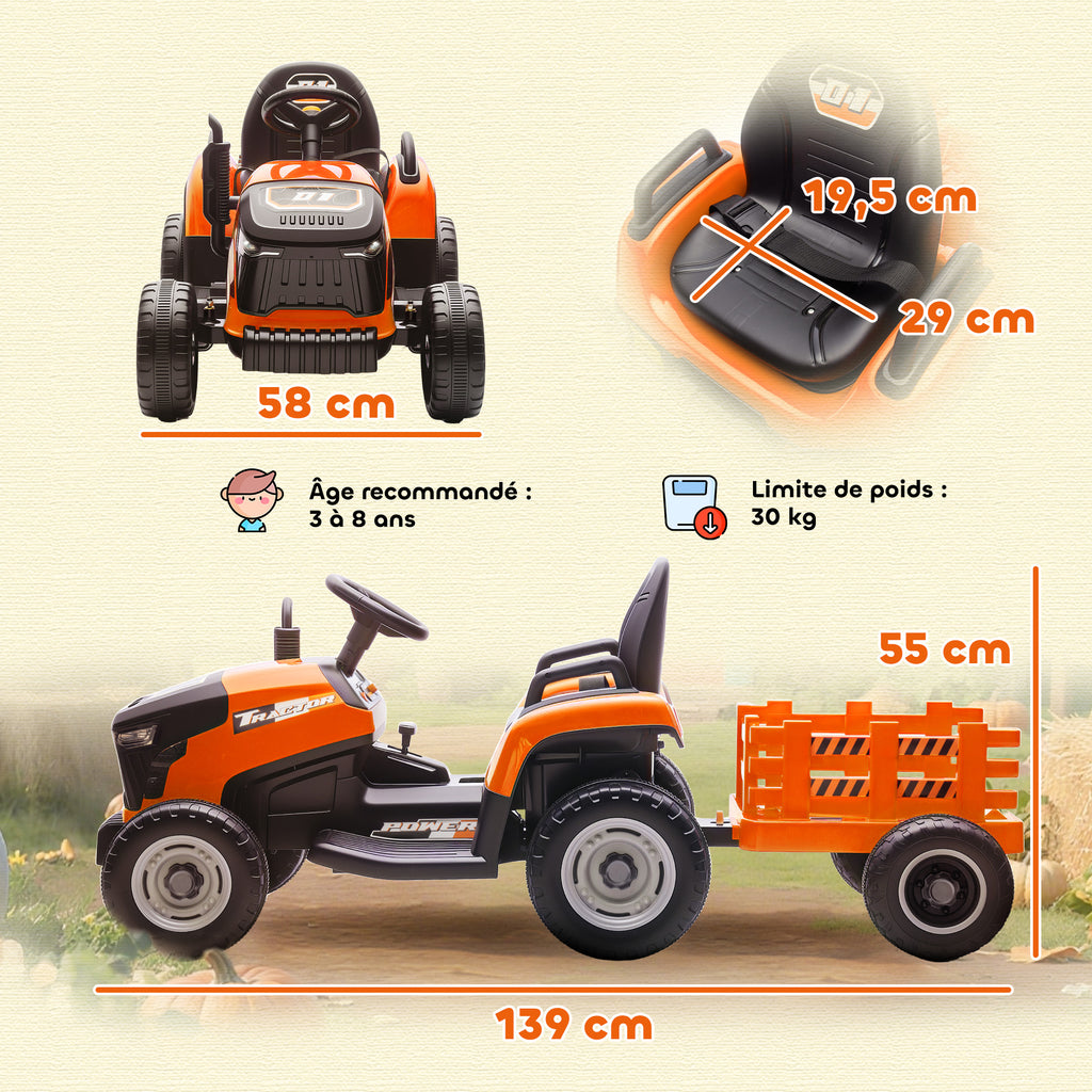 Tracteur électrique enfants avec remorque amovible, voiture électrique enfants, télécommande 2,4G, 139x58x55cm, orange