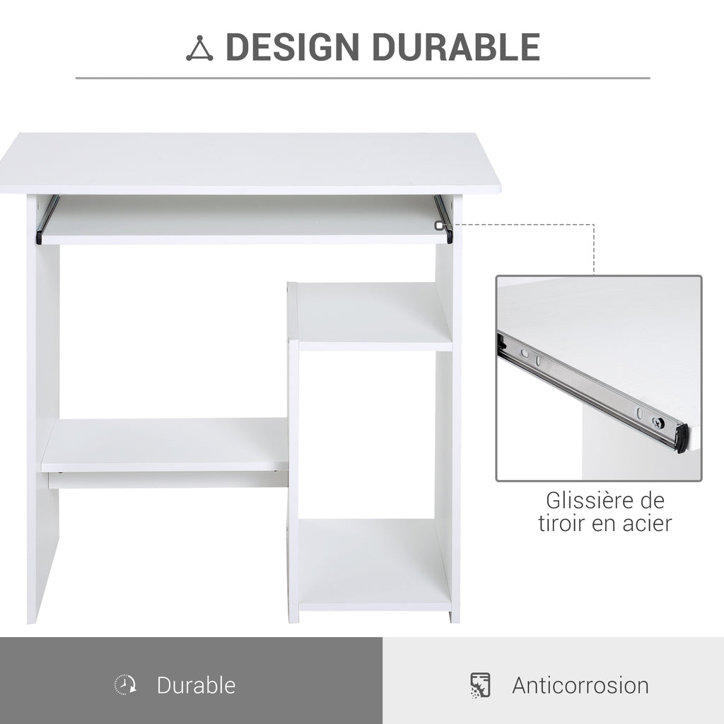Bureau d'ordinateur, bureau avec rangement, plateau pour clavier et support de moniteur, 80 x 45 x 75 cm, blanc