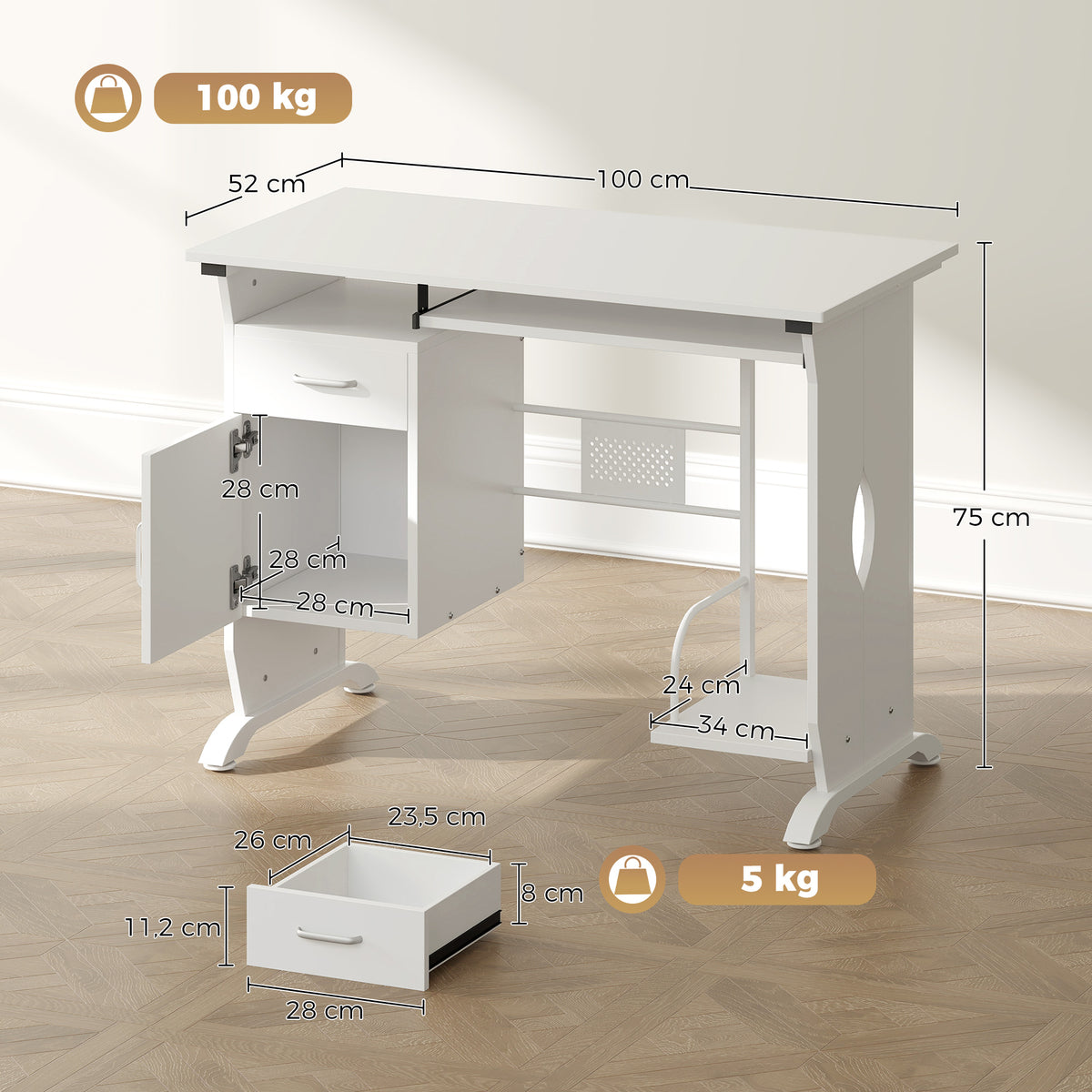 Bureau d'ordinateur, 100 x 52 x 75 cm, tablette coulissante pour clavier, tiroirs et support d'unité centrale, blanc