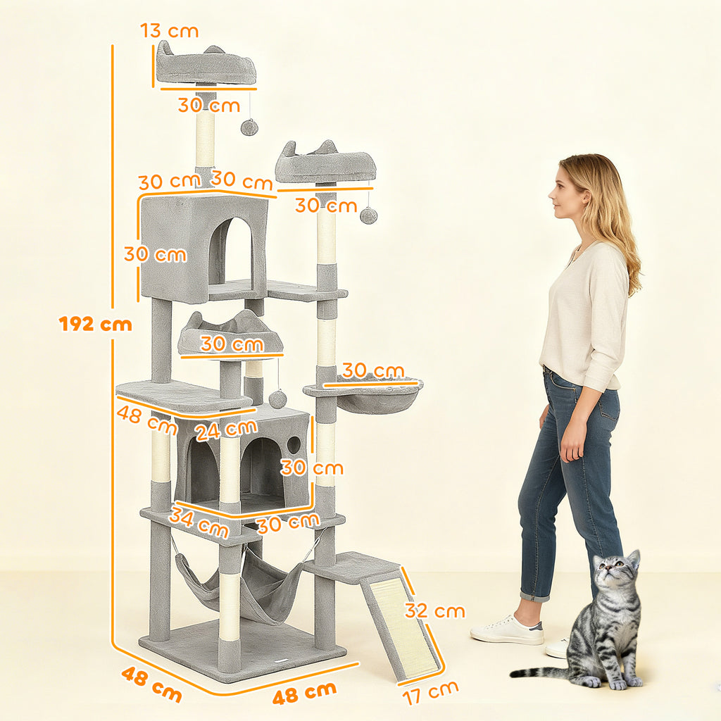 Arbre à chat tour de jeux pour chat 8 poteaux à griffer 4 plateformes 2 niches  échelle et 3 boules hauteur 192 cm gris