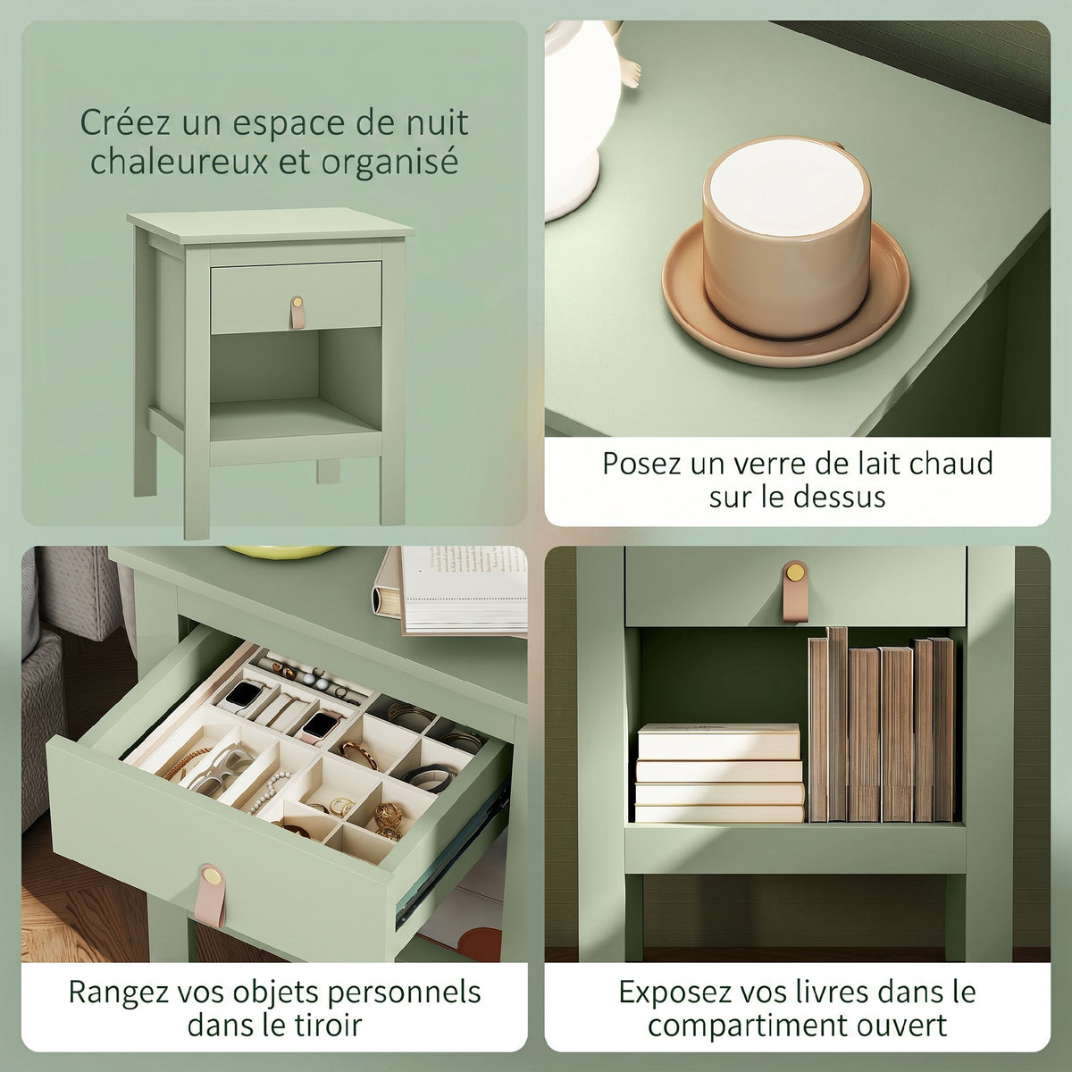 Lot de 2 tables de chevet avec tiroir et compartiment ouvert, 45 x 40 x 55 cm, vert