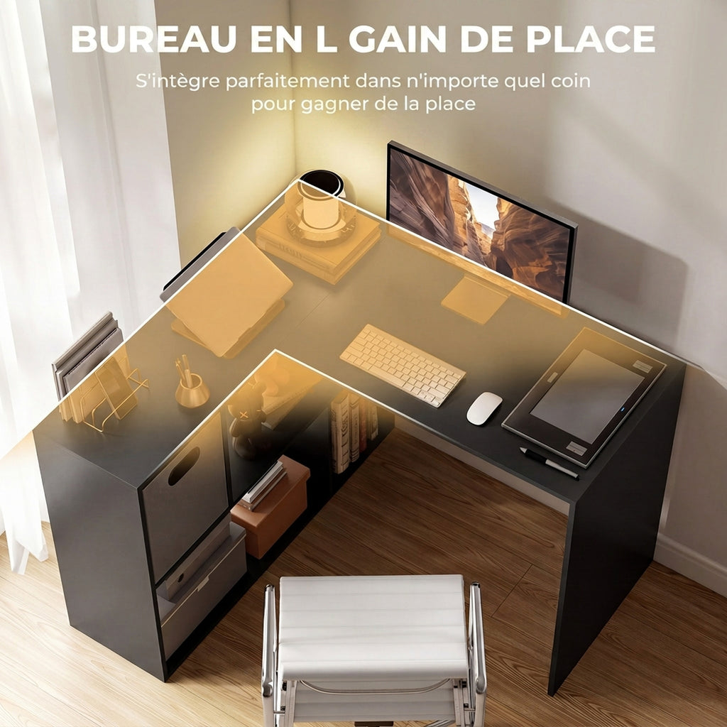 Bureau d'angle, bureau d'ordinateur avec tiroir en tissu et compartiments ouverts, 110 x 100 x 75 cm, noir