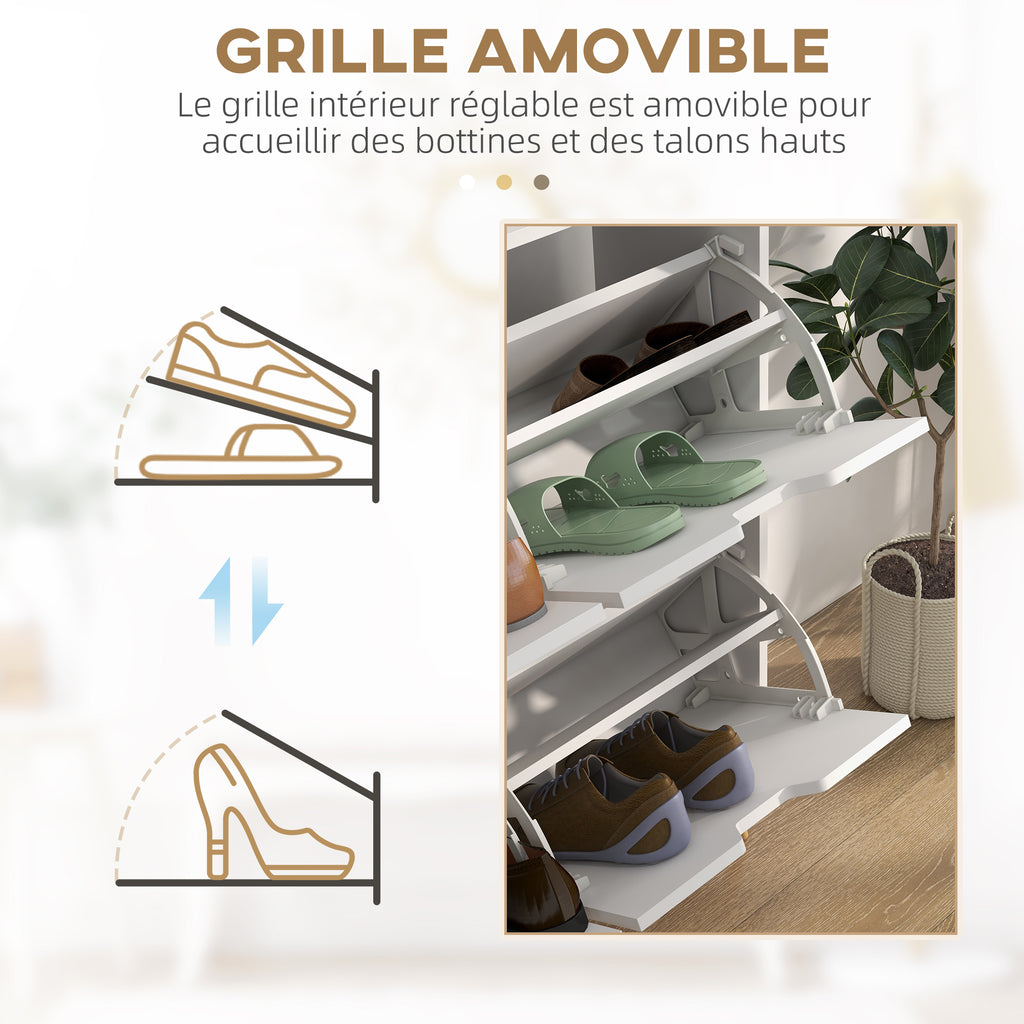 Meuble à chaussures 4 abattants 16 paires avec étagère réglable pieds en bois de pin 95 x 26 x 95 cm blanc