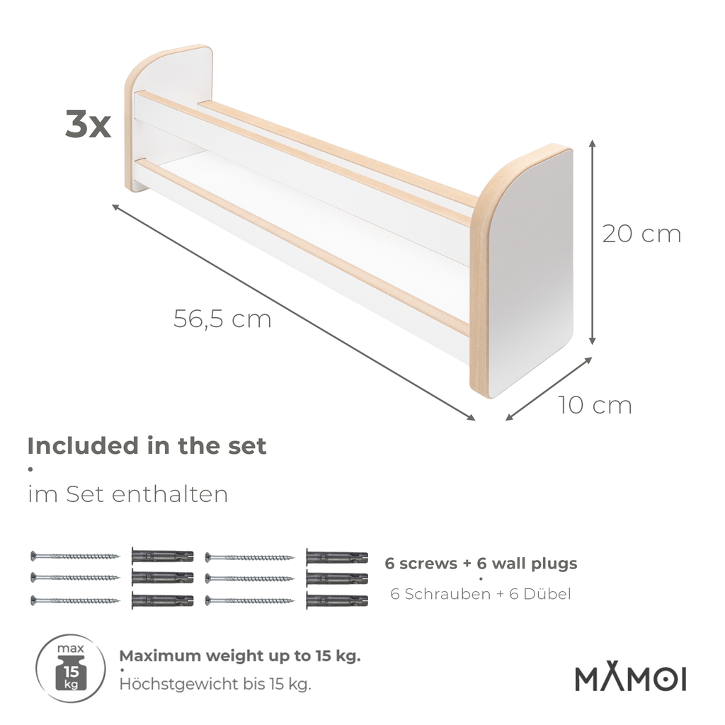 MAMOI® Set di 3 librerie per bambini, scaffali in legno da parete, libreria Montessori, mensole da parete per bambini, organizer per libri e giocattoli, mobili per cameretta