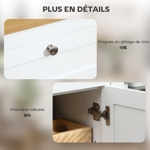 Buffet salon, meuble de rangement avec 1 placard double porte, 2 placards à porte vitrée, 2 tiroirs et étagère réglable, style moderne, buffet salle à manger et cuisine, 120x40x90cm, blanc