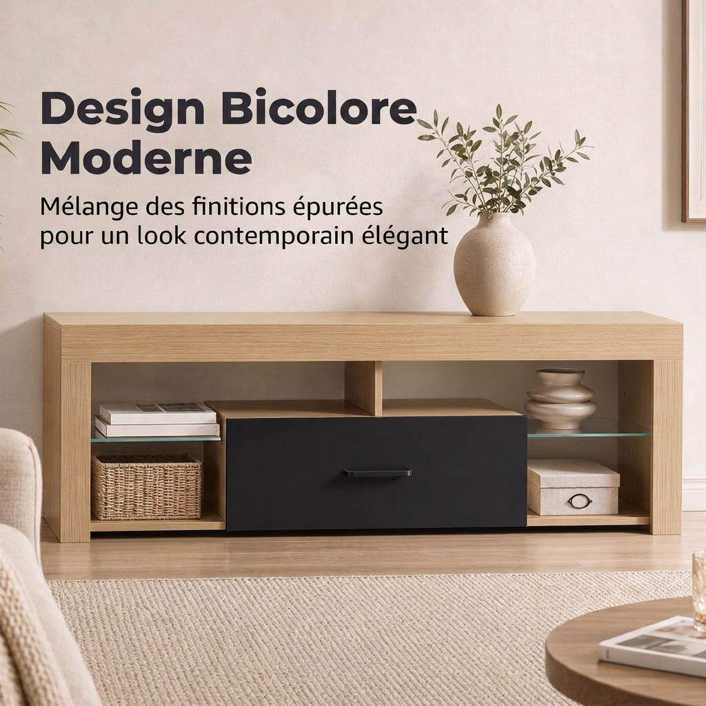 Meuble TV 140 cm, Meuble Télé pour 65 Pouces avec Étagères en Verre Réglables, Tiroir et Compartiments Ouverts, Chêne