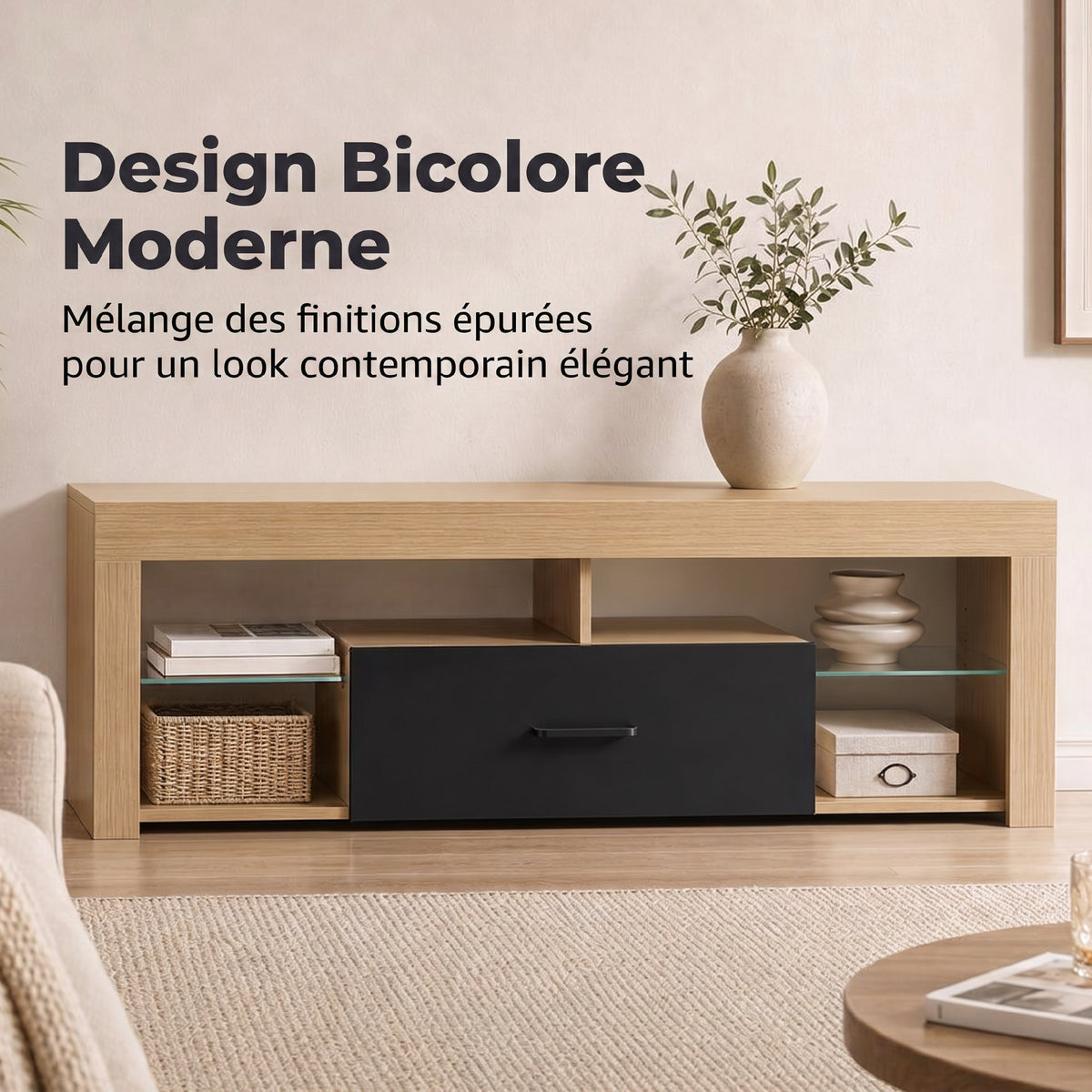 Meuble TV 140 cm, Meuble Télé pour 65 Pouces avec Étagères en Verre Réglables, Tiroir et Compartiments Ouverts, Chêne