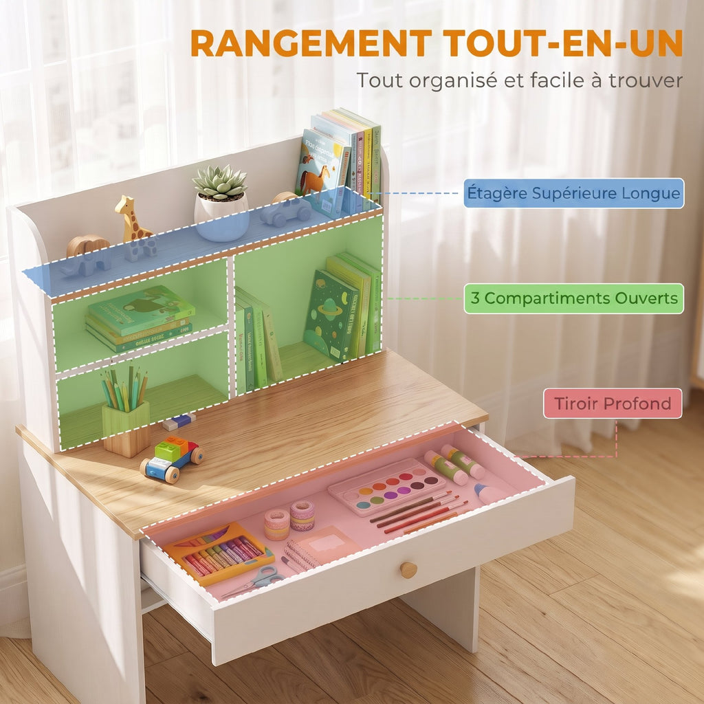 Bureau Enfant en Bois, Bureau avec Rangement, Plateau Large, Tiroir et Étagères Ouvertes, 80 x 50 x 100 cm, Blanc
