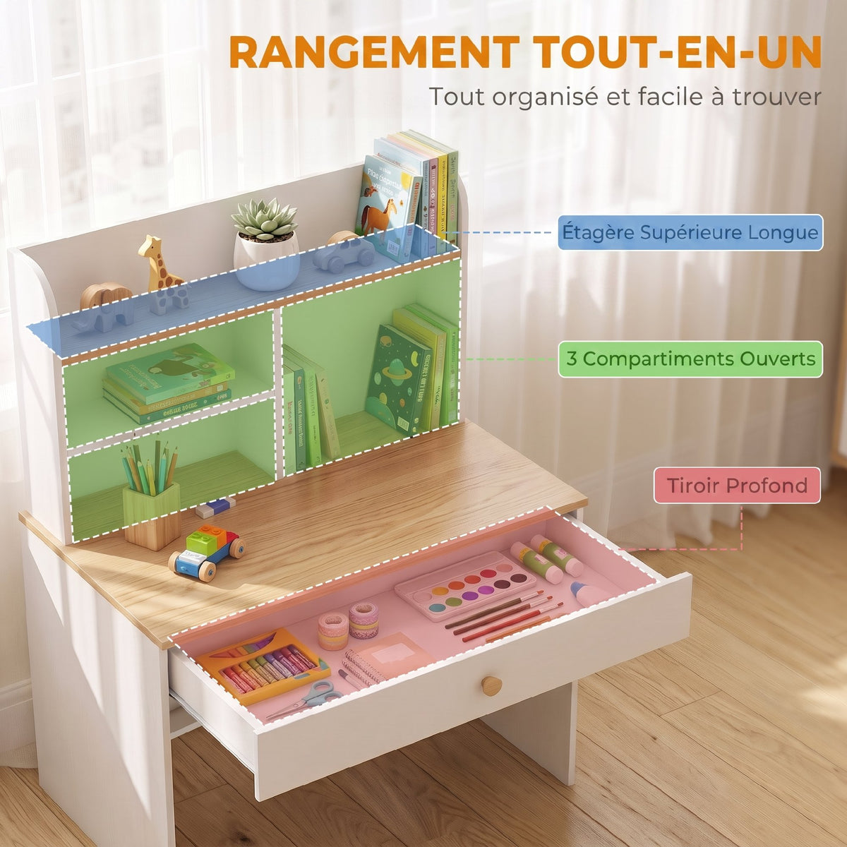 Bureau Enfant en Bois, Bureau avec Rangement, Plateau Large, Tiroir et Étagères Ouvertes, 80 x 50 x 100 cm, Blanc
