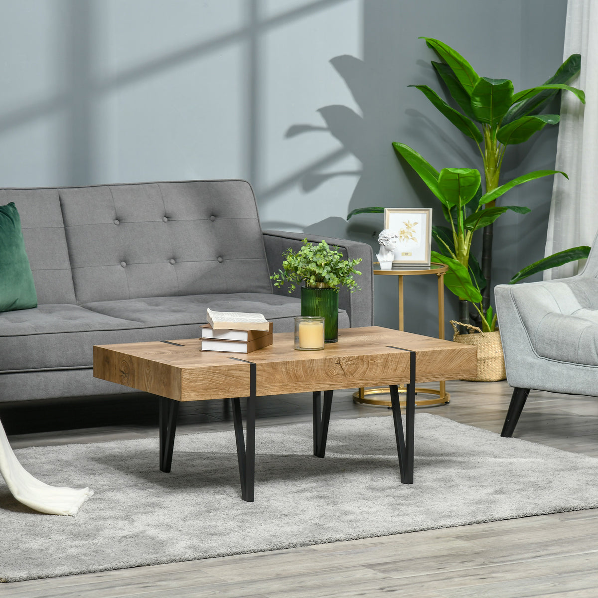 Table Basse rectangulaire Style Industriel piètement épingle métal Noir Plateau Aspect Ancien bastaing, 105 x 60 x 42 cm, Bois