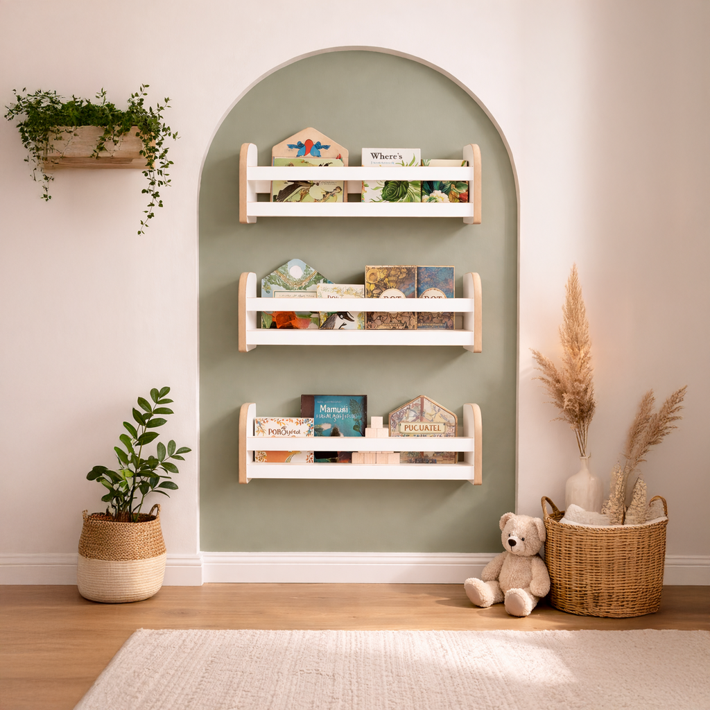 MAMOI® Set di 3 librerie per bambini, scaffali in legno da parete, libreria Montessori, mensole da parete per bambini, organizer per libri e giocattoli, mobili per cameretta