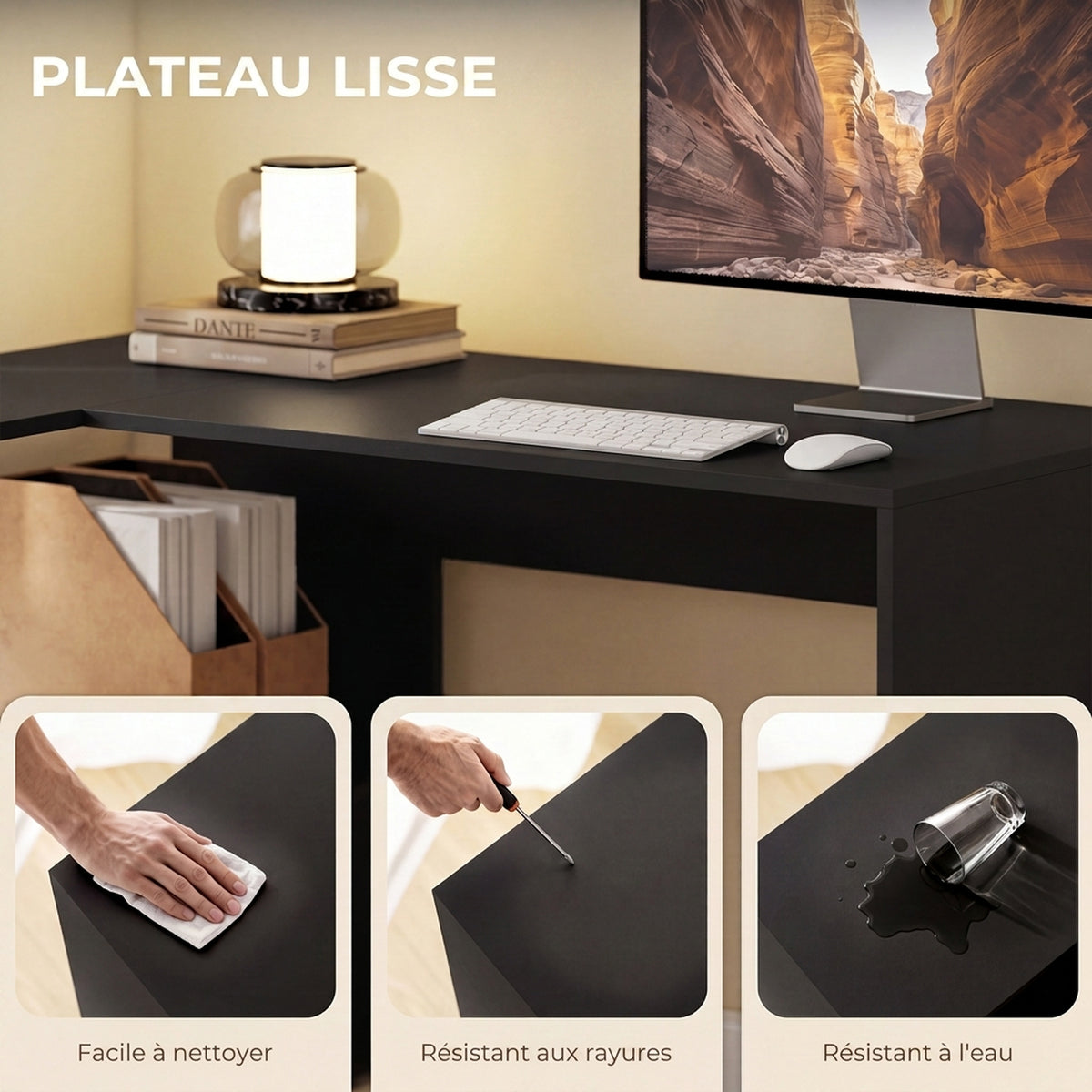 Bureau d'angle, bureau d'ordinateur avec tiroir en tissu et compartiments ouverts, 110 x 100 x 75 cm, noir