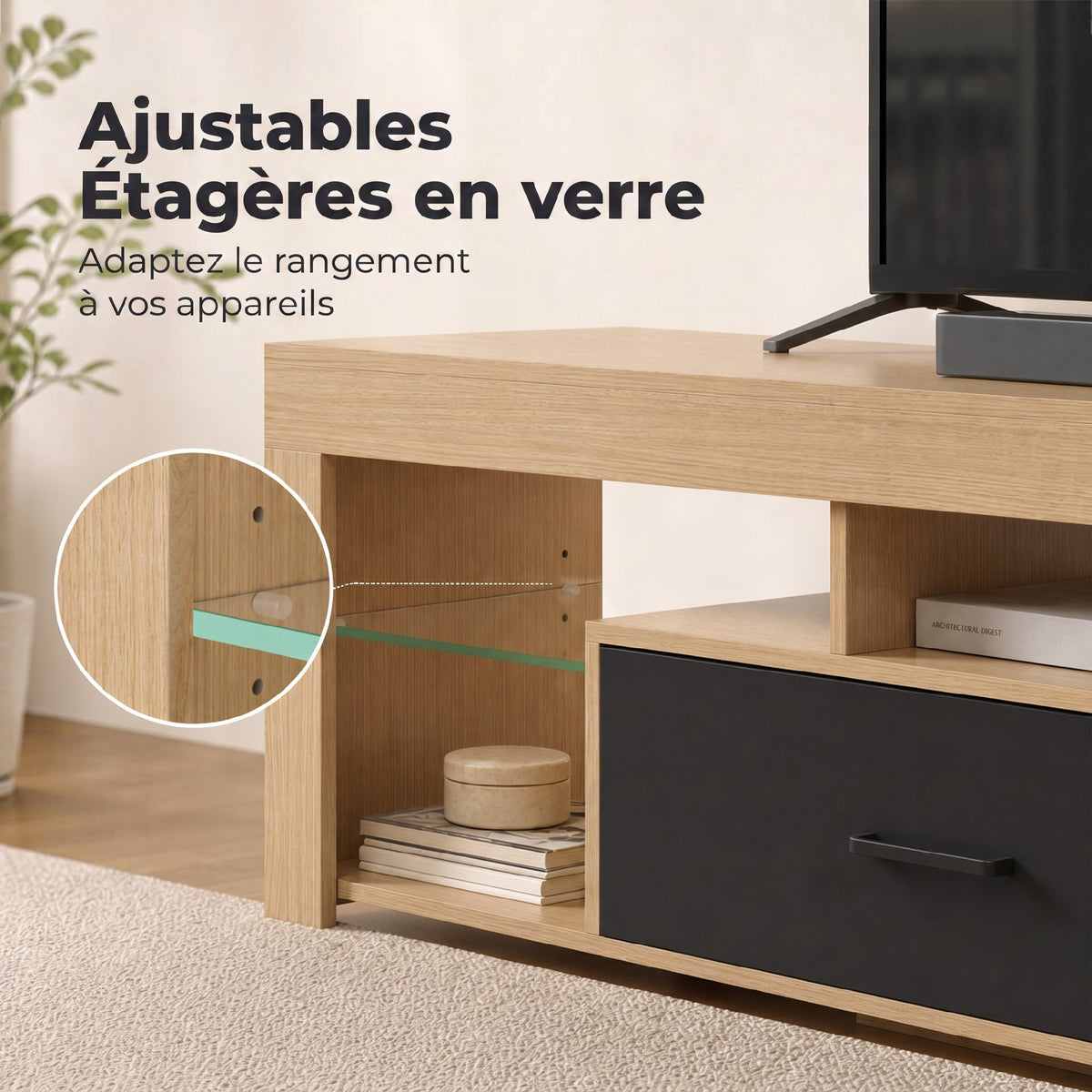 Meuble TV 140 cm, Meuble Télé pour 65 Pouces avec Étagères en Verre Réglables, Tiroir et Compartiments Ouverts, Chêne