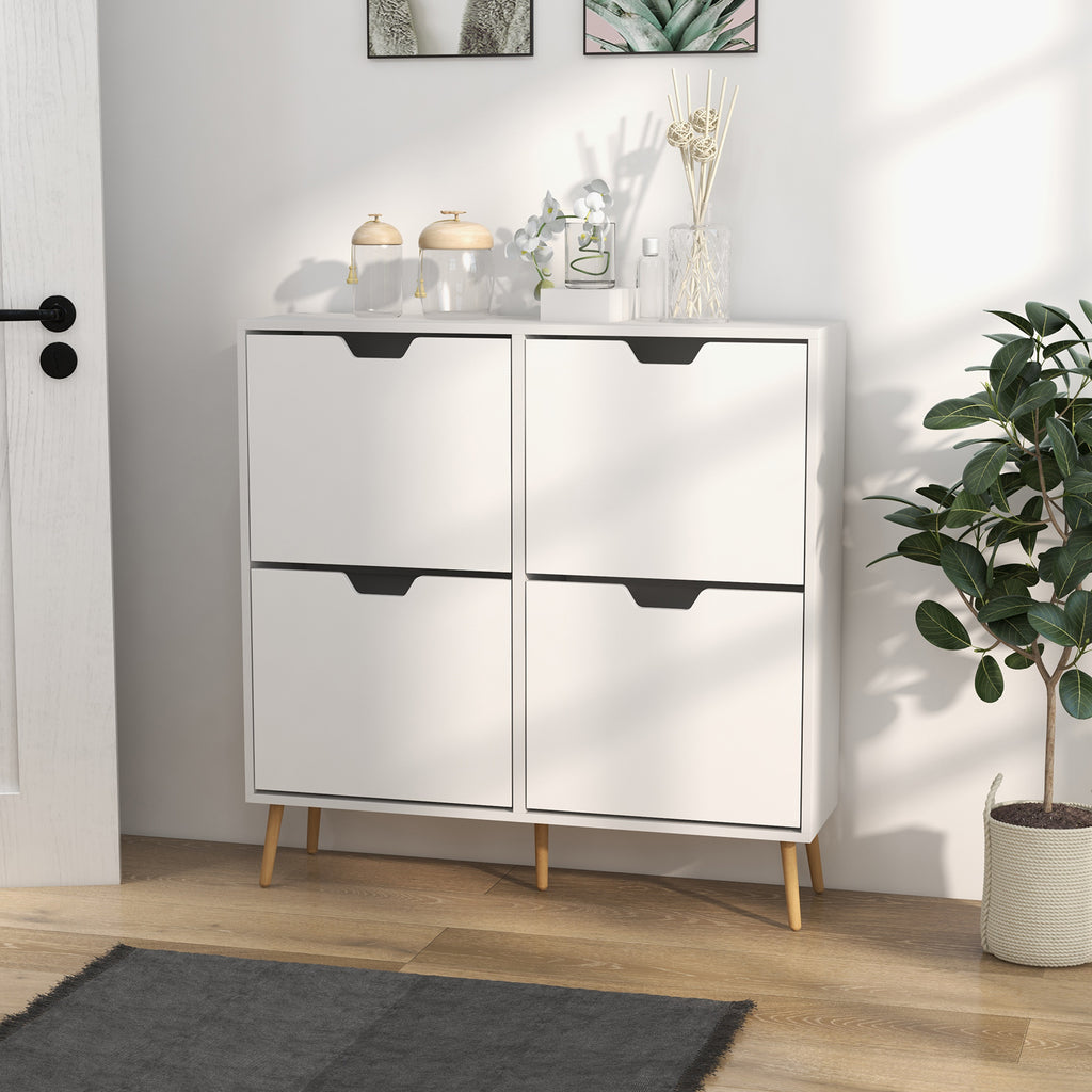 Meuble à chaussures 4 abattants 16 paires avec étagère réglable pieds en bois de pin 95 x 26 x 95 cm blanc