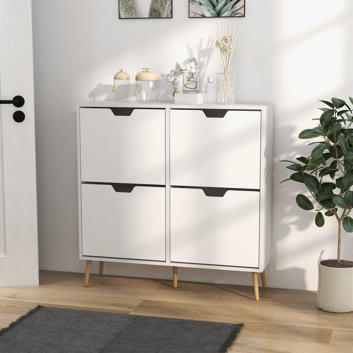Meuble à chaussures 4 abattants 16 paires avec étagère réglable pieds en bois de pin 95 x 26 x 95 cm blanc