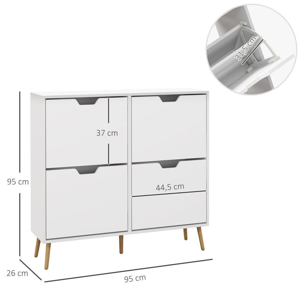 Meuble à chaussures 4 abattants 16 paires avec étagère réglable pieds en bois de pin 95 x 26 x 95 cm blanc