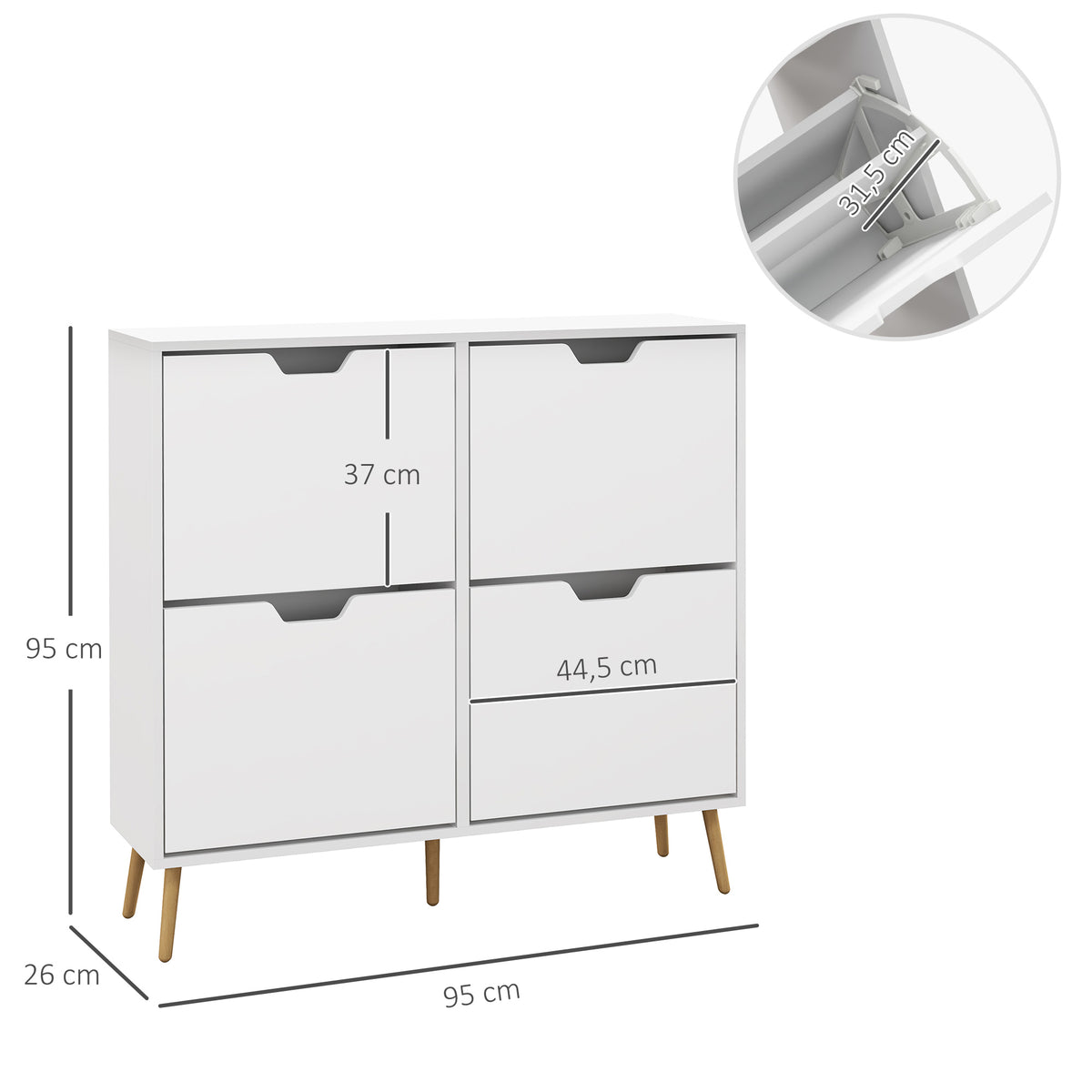 Meuble à chaussures 4 abattants 16 paires avec étagère réglable pieds en bois de pin 95 x 26 x 95 cm blanc