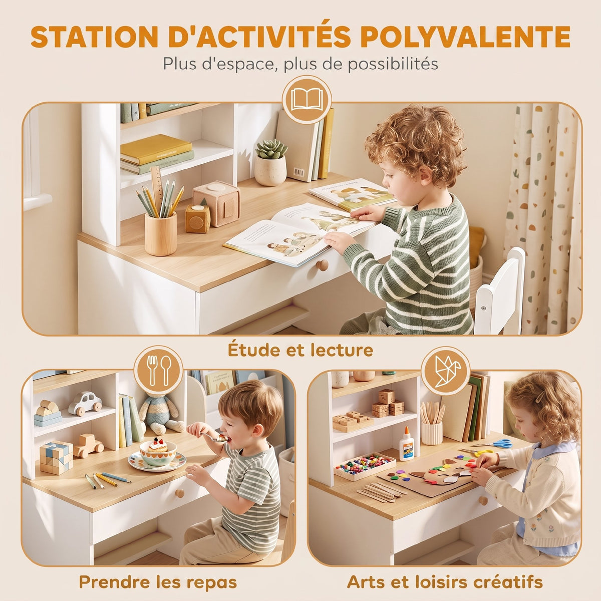 Bureau Enfant en Bois, Bureau avec Rangement, Plateau Large, Tiroir et Étagères Ouvertes, 80 x 50 x 100 cm, Blanc