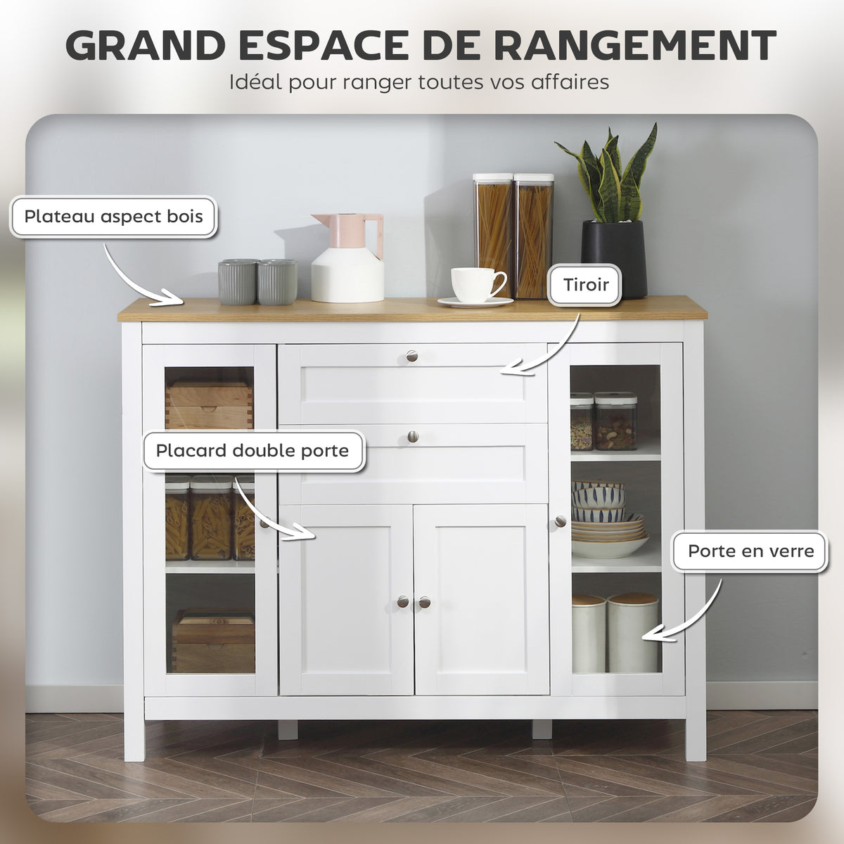 Buffet salon, meuble de rangement avec 1 placard double porte, 2 placards à porte vitrée, 2 tiroirs et étagère réglable, style moderne, buffet salle à manger et cuisine, 120x40x90cm, blanc